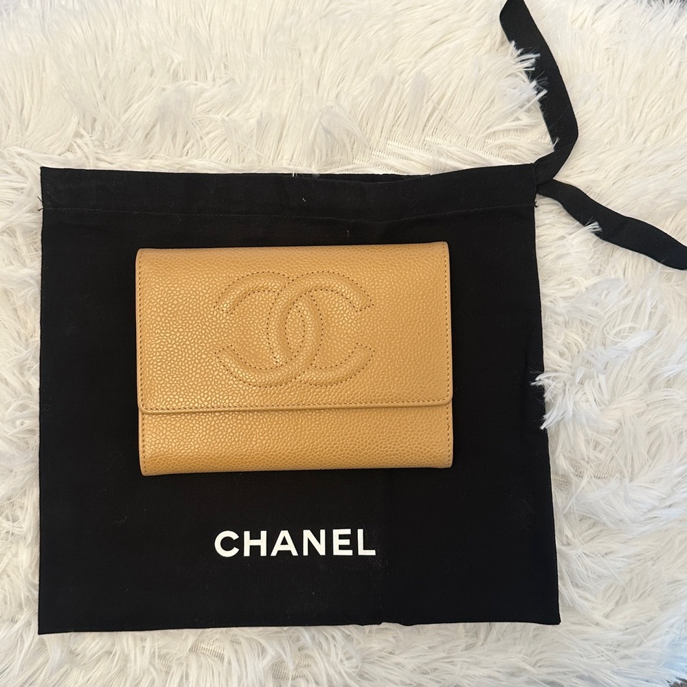 CHANEL Camel Caviar Leather Wallet